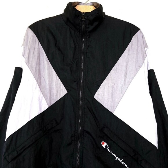 CHAMPION Nylon Athletic Windbreaker Track Jacket Black White Colorblock 90s y2k - Picture 2 of 14